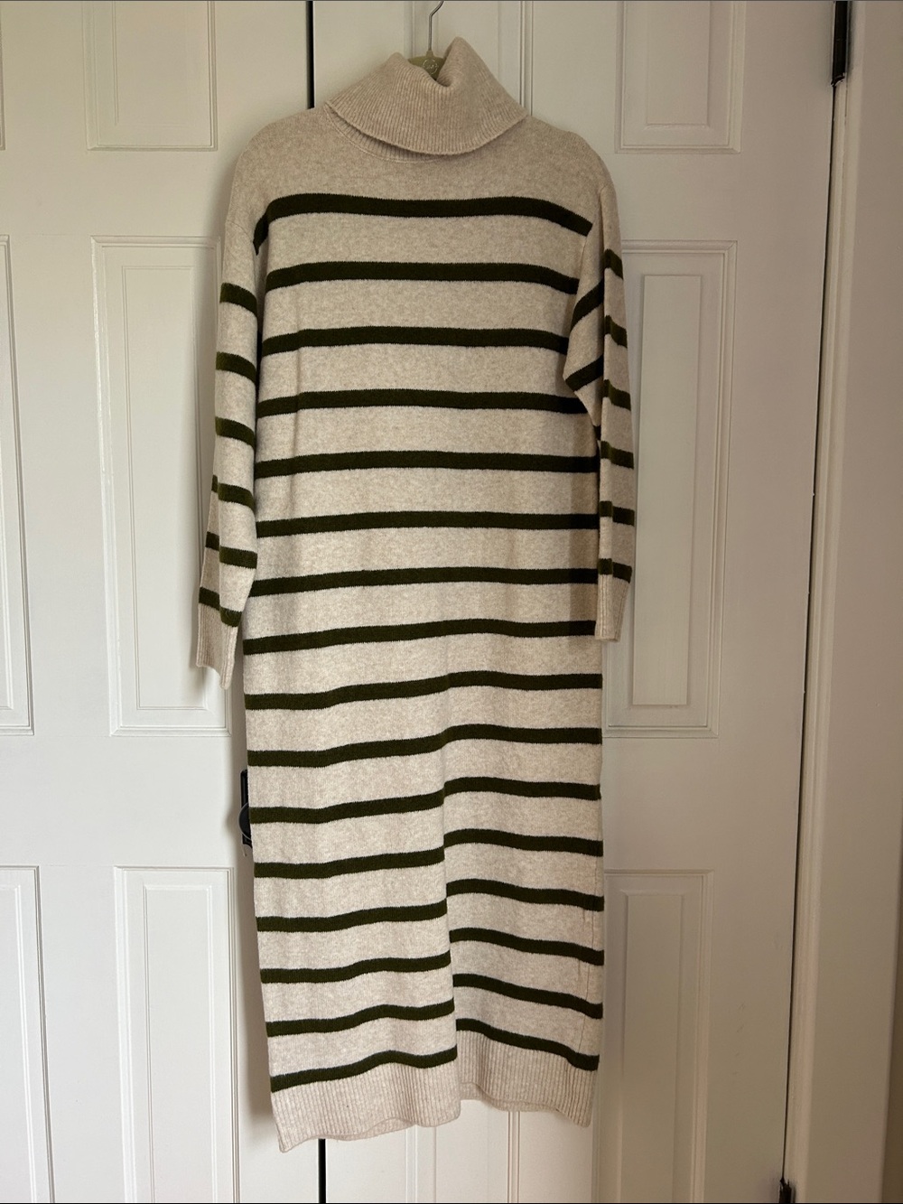 Mango Cream Turtleneck Sweater Dress with Olive Stripes XXS